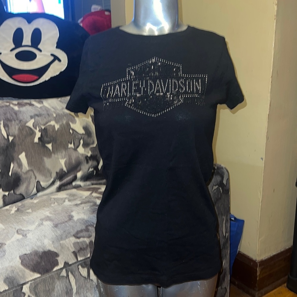 Harley Davidson short sleeve top with black and silver rhinestones bar & shield